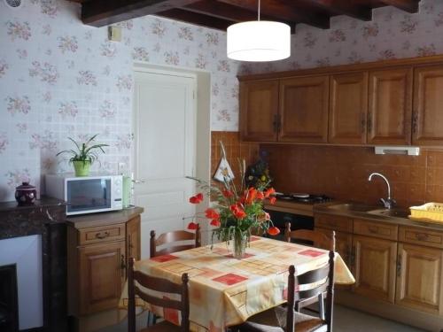 a kitchen with a table with a vase of flowers on it at Gîte Saint-Héand, 2 pièces, 2 personnes - FR-1-496-144 in Saint-Héand