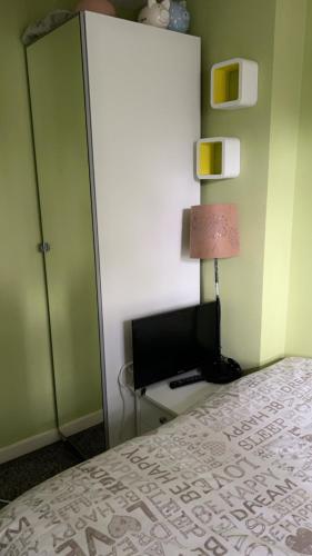 een slaapkamer met een bed en een tv en een lamp bij 6 badger way in Hatfield