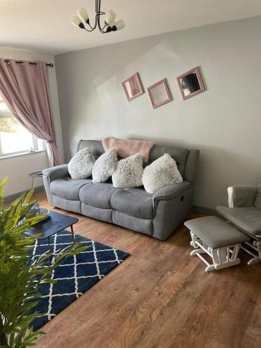 uma sala de estar com um sofá cinzento e um tapete azul em Apartment in milltown em Galway