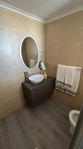 a bathroom with a sink and a mirror and a toilet at Hortênsia's AL in Praia da Vitória