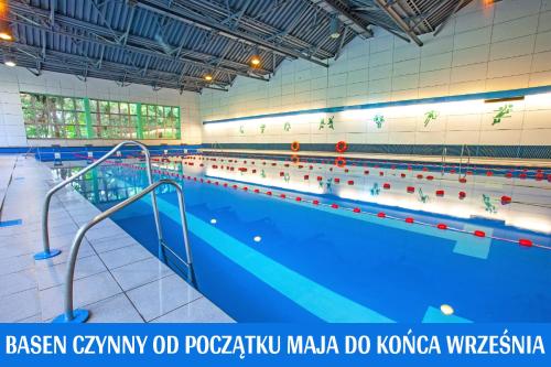 a large swimming pool with blue water in a building at Rewita Solina in Solina