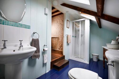 a bathroom with a sink and a toilet and a shower at Bryn-y-Gof Llangrannog in Blaencelyn