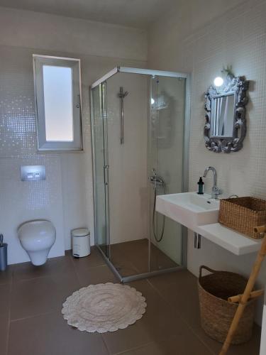 a bathroom with a shower and a sink and a toilet at Ferienwohnung direkt am Strand in Ierapetra
