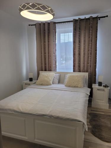 a bedroom with a large bed with a large window at Apartament Eva in Râşnov