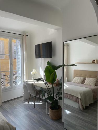 une chambre avec un lit et une table avec une plante dans l'établissement Studio Aix Centre Historique, à Aix-en-Provence