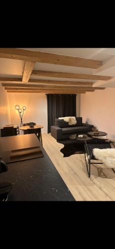 un soggiorno con divano e tavolo di suite l'hallali du cerf a Besançon