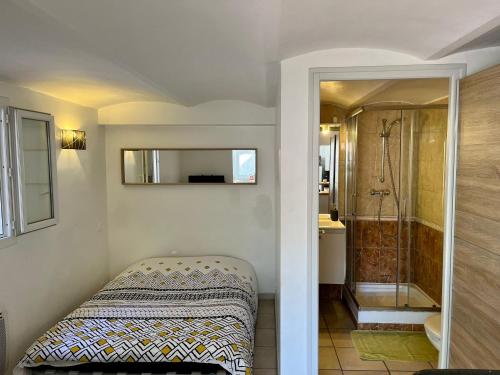 La salle de bains est pourvue d'un lit et d'une douche à l'italienne. dans l'établissement Charmant studio proche gare/centre-ville, à Toulon