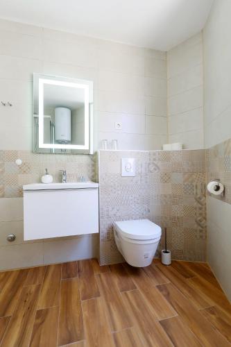 a bathroom with a toilet and a sink and a mirror at Piccola Pyrotima in Zadar