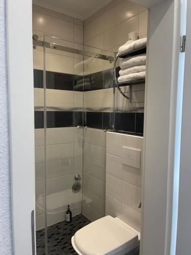 a bathroom with a shower with a toilet and towels at Düs Apartment 2 in Düsseldorf