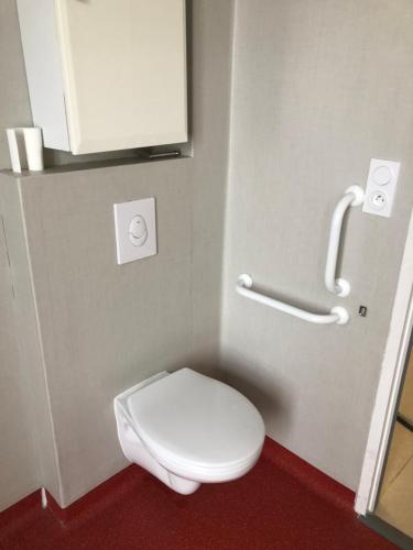 a bathroom with a white toilet and a handicapped sign at Les logis de Simon in La Flotte