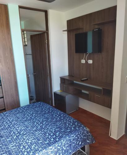- une chambre avec un lit et une télévision à écran plat dans l'établissement Habitación frente a piscina, à Flandes