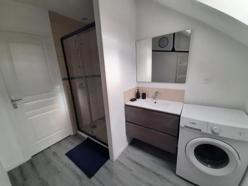 a bathroom with a sink and a washing machine at gîte Mouettes et Chouettes in Saint-Hilaire-Petitville