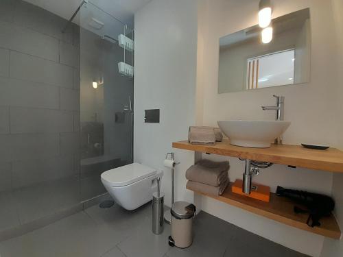 een badkamer met een wastafel, een toilet en een douche bij Vista Bolhão Studio in Porto