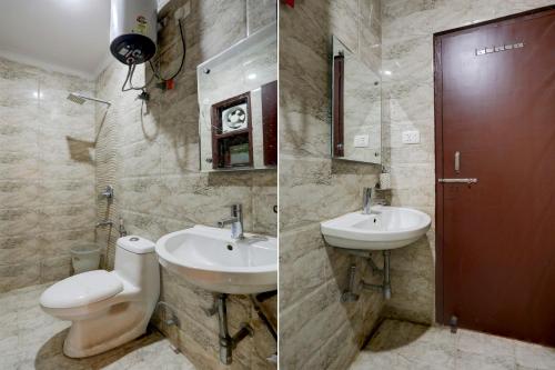 2 Bilder eines Badezimmers mit WC und Waschbecken in der Unterkunft GRAND HOMESTAY in Neu-Delhi