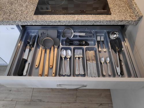 un cajón lleno de utensilios en un fregadero de cocina en Apartamento El Almencino, en Tolox