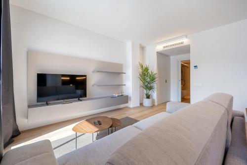 sala de estar con sofá y TV de pantalla plana en Hauzify I Apartaments Voramar en San Pol de Mar