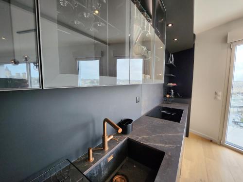 - un comptoir de cuisine avec un évier et un miroir dans l'établissement Le Davs - Splendide appartement avec vue, à Caen