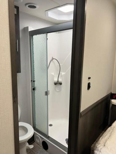 a bathroom with a shower and a toilet in a room at The Magic Motor Home in Parkland