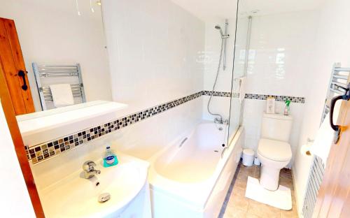 ein Badezimmer mit Waschbecken, Toilette und Dusche in der Unterkunft CROYDE WONKY COTTAGE 1 Bedroom in Croyde