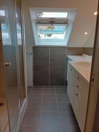 La salle de bains est pourvue d'une douche, d'un lavabo et d'une lucarne. dans l'établissement Ti Giz Breizh - Maison bretonne sur la Vilaine, à Camoël