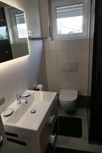 a bathroom with a white sink and a toilet at SchönHier in Westerburg