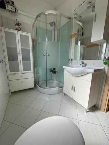 y baño con lavabo y ducha acristalada. en Apartments Bellevue, en Trogir