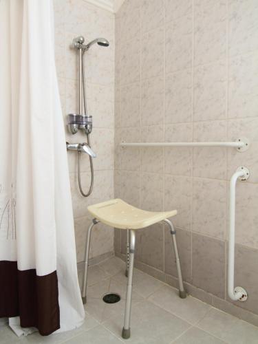 a shower with a chair and a shower curtain at Apart Hotel Villa Los Ciruelos in Valdivia
