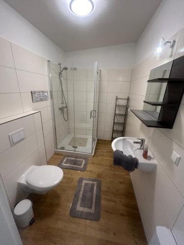 a bathroom with a shower and a toilet and a sink at Auszeit am See in Dahmen