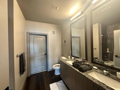 a bathroom with a sink and a toilet and a mirror at Lakeside Living w Trails, Music, Local Boutiques in Irving
