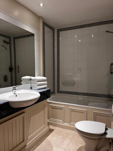a bathroom with a sink and a tub and a toilet at The Lough & Quay Accommodation in Warrenpoint