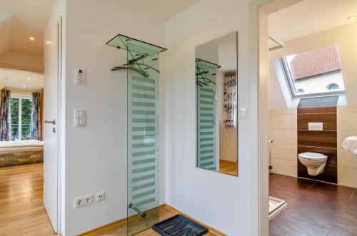 a bathroom with a toilet and a mirror at Haus Eiche in Hödingen