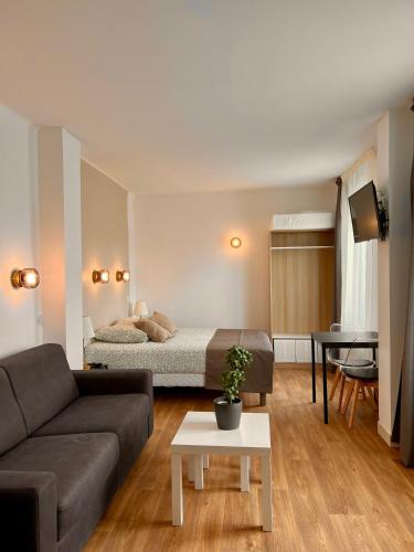 un salon avec un canapé et un lit dans l'établissement Studio 4 pers face gare SNCF Appart Hotel le Cygne D4, à Bourges