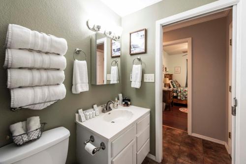 a bathroom with a sink and a toilet and a mirror at Songbird Haven Cozy Country Getaway in Waco