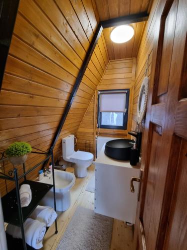 a bathroom with a wooden ceiling with a toilet and a sink at Chalet by the lake in Piatra Neamţ