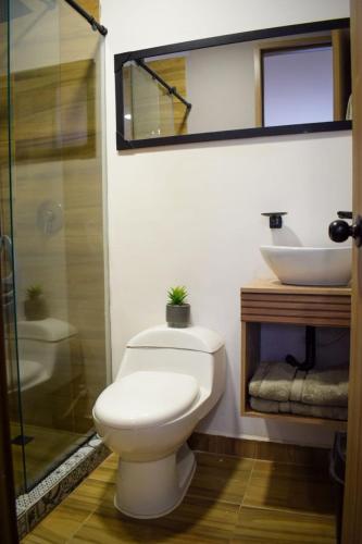 a bathroom with a toilet and a sink at Hotel Boutique Ciudad Jardin in Cali
