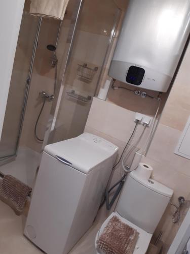 a white bathroom with a toilet and a shower at Sopot Center Saba Appartement in Sopot