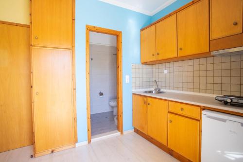 cocina con armarios de madera, lavabo y aseo en Nydri Mediterraneo Apartament, en Nydri