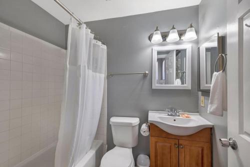 a white bathroom with a toilet and a sink at Entire Building in Shaw Community in Tower Grove