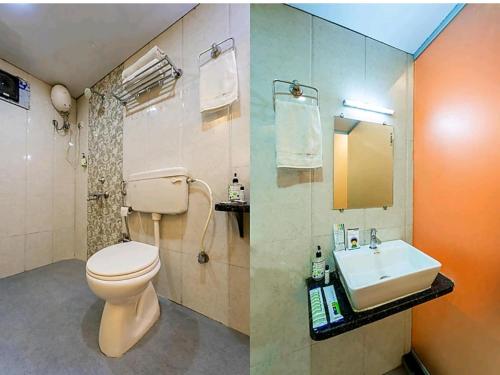 2 fotos de un baño con aseo y lavabo en New Sun n S Resort Matheran, en Matheran