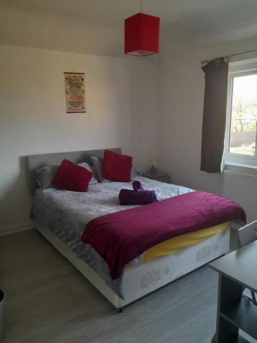 a bedroom with a large bed with red pillows at Welcoming Home Close to Transport Links in Thornton Heath