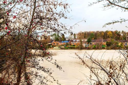 a view of a river with houses in the background at Central Washington Apartment in Washington