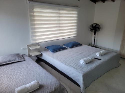 een slaapkamer met 2 bedden met blauwe kussens en een raam bij The Emerald, Medellin in Medellín