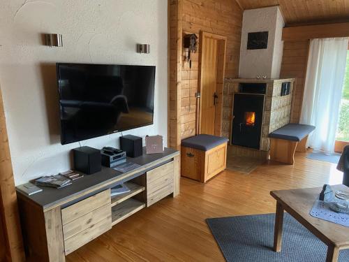 a living room with a flat screen tv and a fireplace at Blockhaus FerienZauber III in Bromskirchen
