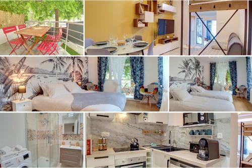 un collage de photos d'une chambre et d'un salon dans l'établissement Stop Chez M Select Garden # Qualité # Confort # Simplicité, à Saint-Fons