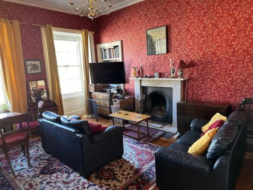愛丁堡的住宿－Very central 2 bedroom flat in World Heritage Site，客厅设有两张沙发和一个壁炉