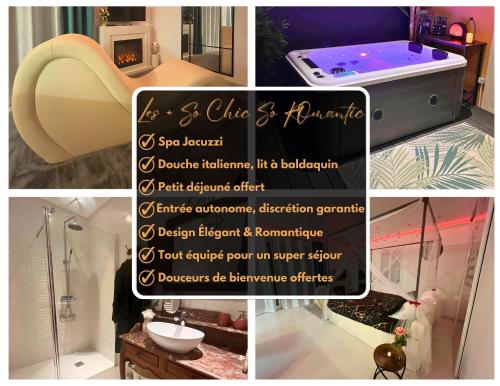 un collage de photos d'une salle de bains avec un panneau dans l'établissement Suite de Charme - So Chic So Romantic, à Bellegarde