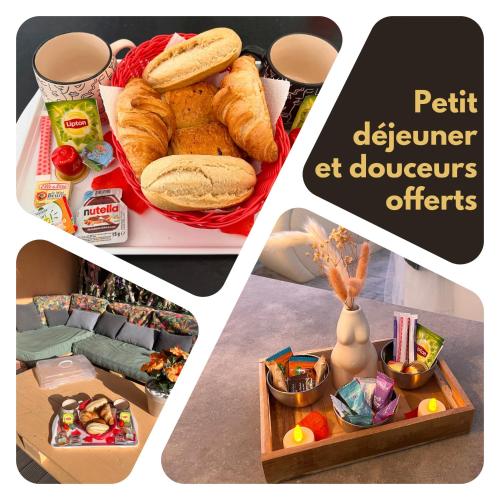 un collage de trois images de nourriture et d’une boîte de nourriture dans l'établissement Suite de Charme - So Chic So Romantic, à Bellegarde