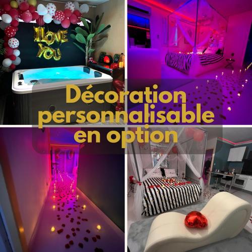 un collage de photos d'une pièce avec un éclairage rose dans l'établissement Suite de Charme - So Chic So Romantic, à Bellegarde