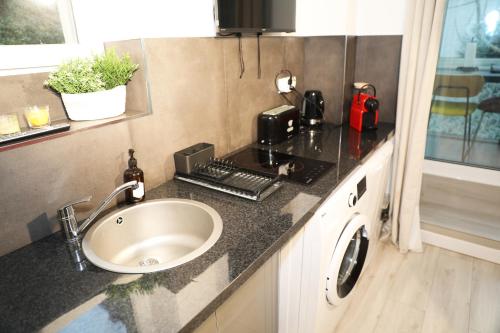 La salle de bains est pourvue d'un lavabo et d'un lave-linge. dans l'établissement Eiffel Tour - Cosy Daisy, à Paris