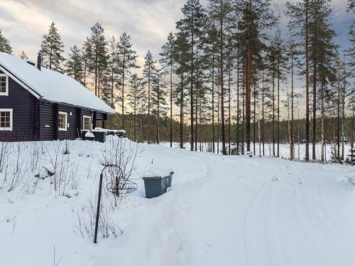 a cabin in the snow next to a forest at Holiday Home Villa assi by Interhome in Haapamäki